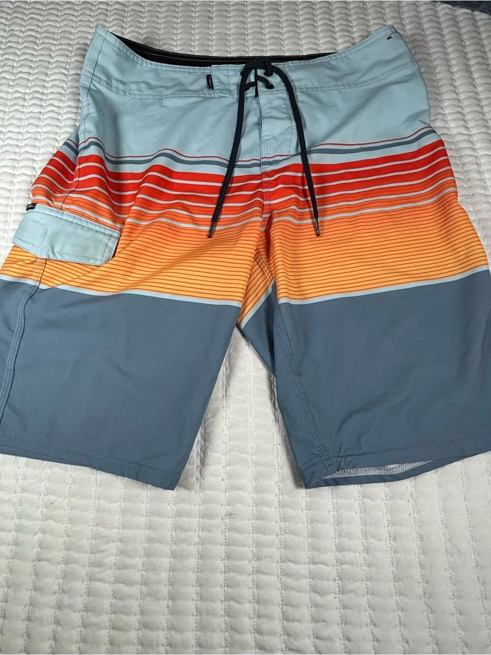 O’Neill Board Shorts Mens Size 30 Gray Orange Striped Surf Swim Trunks Stretch